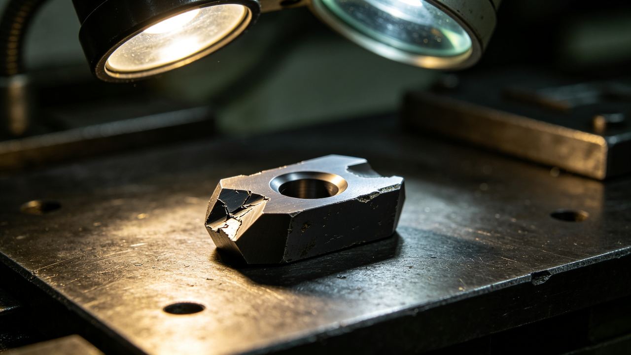 Worn carbide cutting insert under inspection